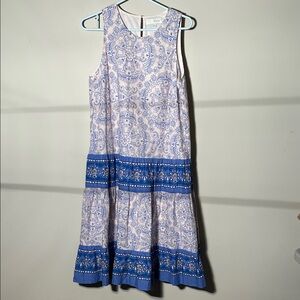 Pinch Blue and White Patterned 3-Tiered, Midi Dress, Sz M,